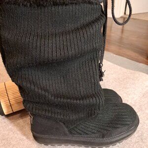 Skechers Women Sz 8.5 Black Knit Fabric Mid Calf Boot Winter Shoes